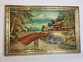 VINTAGE ASIAN HAND EMBROIDERED MOUNTAINS,HOUSE FRAMED FINE WALL ART - £117.52 GBP