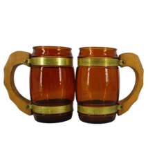 2 Vintage 1960’s Amber Brown Glass Barrel Mug Wood Handle Brass Rustic Ale - $16.81