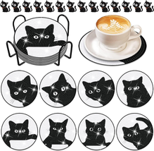 8 Pcs Black Cat Diamond Art Painting Coasters Kits with Holder DIY Cute ... - $18.67