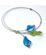 Beaded Wire Statement Choker with Blown Glass Leaves, Blue, Green - $15.19