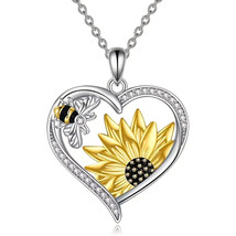 Flower and Bee Heart Pendant Necklace Silver - £8.86 GBP