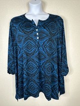 Notations Womens Plus Size 3X Blue Diamond Henley Blouse 3/4 Sleeve Stretch - £14.38 GBP