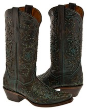 Womens Western Cowboy Boots Brown Studded Overlay Turquoise Stitched Snip Toe - £86.59 GBP