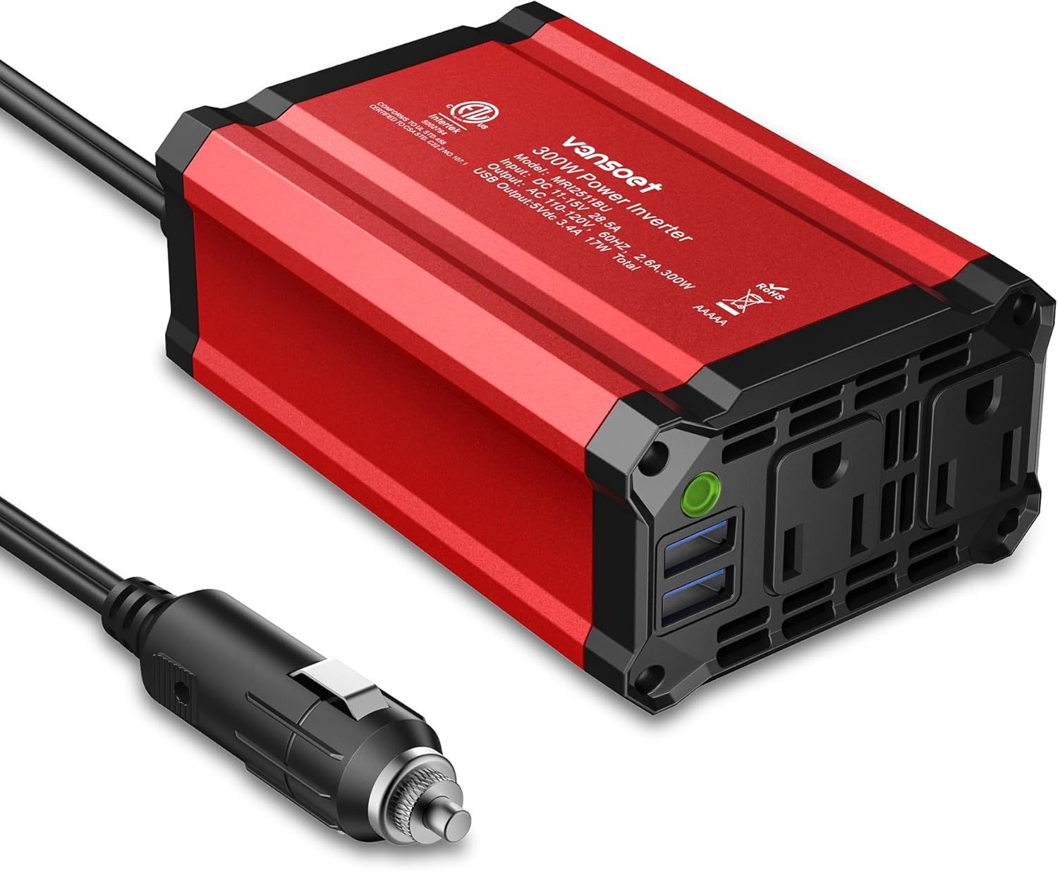 Vansoet 300W Car Power Inverter, Dc 12V To 110V, 2 Ac Outlets, 3Point 4A... - $37.95