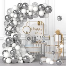 White And Silver Balloon Garland Arch Kit - 120Pcs 12In 10In 5In White Silver Me - £18.76 GBP