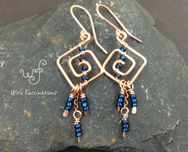 Handmade copper earrings: square spiral wire wrapped dark blue crystal dangles - £21.99 GBP
