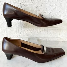 Salvatore Ferragamo Espresso Brown Leather Pumps Silver Bar Square Toe -... - $75.95