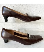 Salvatore Ferragamo Espresso Brown Leather Pumps Silver Bar Square Toe -... - $1,446.05 MXN
