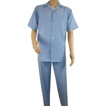 Men 2pc Walking Leisure Suit Short Sleeves DREAMS Plaid Satin 253-11 Ocean Blue image 2