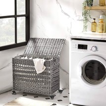 Grey PP Rattan 3-Basket Laundry Hamper Sorter Cart with Removable Cotton Bags - £125.46 GBP