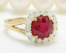 14k YELLOW Gold Plated 2.20Ct  Round Cut Simulated Red Ruby Halo Engagement Ring - £109.31 GBP