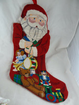 3D Santa Claus Needlepoint stocking Christmas velvet back 21&quot; Handcrafted - $19.30