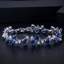 Natural Royal Women Jewelry Silver Color Dark Blue CZ Crystal Leaf Chain Link Br - £13.98 GBP