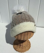 Winter Stretchy Two-Tone Brown/Cream Knit Faux Fur Pom Fleece Lined Beanie Hat#C - £8.81 GBP
