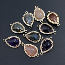 10pcs Trendy Faceted Drop Natural Stone Double Hole Connectors CZ Paved Amethyst - £41.45 GBP