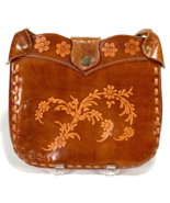 Handmade Genuine Leather Handbag Purse-Hand Tooled Floral-Snap Button-Vtg - €39,96 EUR