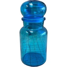 Blue Apothecary Glass Jar Bottle Bubble Top Lid Belgium Vintage MCM 9&quot; Tall - £11.24 GBP