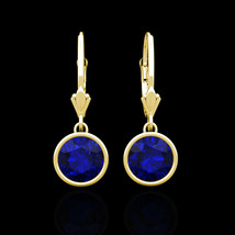 2.00 Ct Blue Sapphire Bezel Lever-back Earrings 14k Solid Yellow Gold Round Cut - £93.95 GBP