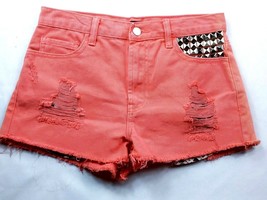 Forever 21 Women&#39;s Booty Jean Shorts Size 26 Solid Orange Raw Hem Studded - £15.59 GBP