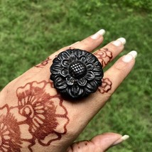 Ebony Wood Flower Carved Handmade Ring, 38 mm dia, US 9-9.25 Ring Size, D12 - £14.62 GBP