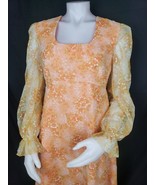 Vtg Maxi Dress Sz M Orange Floral Chiffon Overlay Empire Prairie Handmad... - $131.50