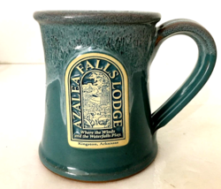 Deneen Pottery Azalea Falls Lodge AR Logo Mug 4&quot;H 9 oz Teal Green Drip G... - $10.79