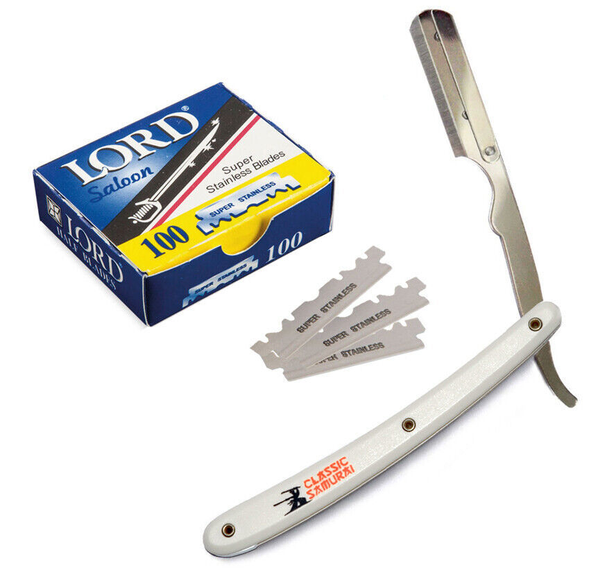 Stainless Steel White Straight Edge Barber Razor + 100 Lord Single Blade... - $13.85