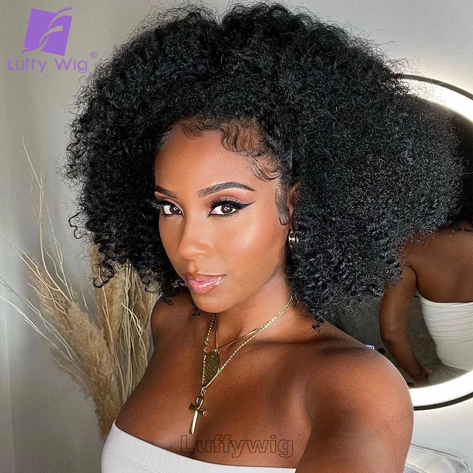 Short Afro Kinky Curly Wig for Black Women Transparent 13x1 Lace Front Wig B - £70.75 GBP