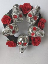 Halloween Black Mesh Silver Skulls Red Eye Rose Christmas Decoration Wreath Door - £39.45 GBP