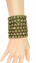 2.75&quot; Wide Olive Green Beads Gold Tone Statement Stretchable Casual Bracelet   - £12.33 GBP