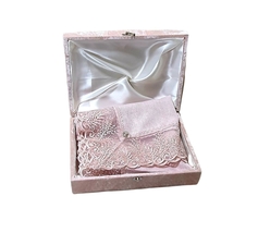 Dusty Pink Linen Tablecloth, Vintage Lace Border,  Unique Velvet Box 64x... - $199.00