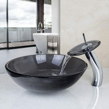 Bathroom Tempered Glass Vessel Sinks Clear Black Round Countertop Basin Bowl - £107.73 GBP
