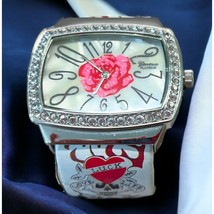 Geneva Platinum Cuff Watch Bracelet Ed Hardy Love Luck Life Skull Roses - £18.05 GBP