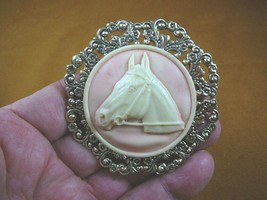 (CL54-14) HORSE RACE Stallion head mare ivory + pink CAMEO Brooch Pin Pendant - £29.20 GBP