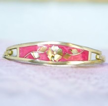 Vintage Alpaca Bracelet Signed Floral Abalone MOP Chips Pink Enamel Small Wrist - £10.65 GBP