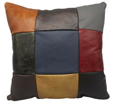 AMISH COLOR LEATHER QUILT PILLOW - 15&quot; Throw in 9 Patch Design Handmade ... - $104.97