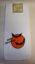 New WB Set of 2 Wafle Weave Kitchen Towels White with Happy Halloween and Bats - £11.13 GBP