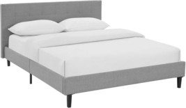 Queen Platform Bed With Wood Slat Support And Light Gray Upholstery By Modway. - £151.84 GBP