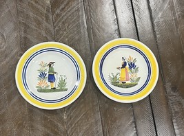 Vtg Henriot Quimper 6” French Bread Plate Breton Man Woman France Set Of 2 - $49.49