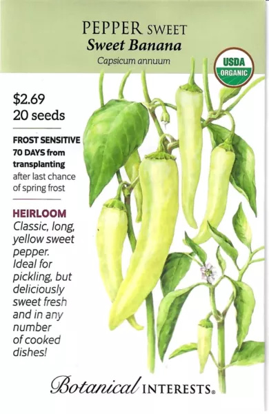 Pepper Sweet Banana Organic Heirloom Vegetable Seeds Botanical Interests 12/23 F - £5.54 GBP