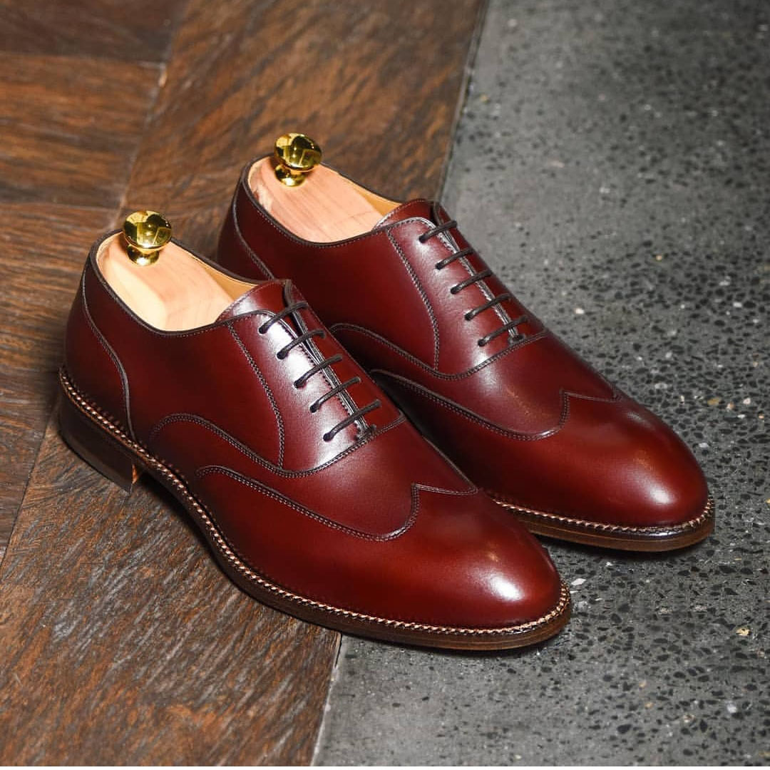 NEW  Handmade Men's Burgundy Color Shoes, Mens Wing Tip Lace Up Leather Fashion