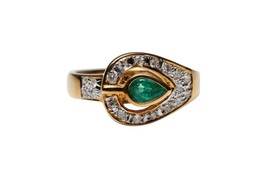 Authenticity Guarantee 
Pear Shaped Emerald and Diamond 18K Yellow Gold Ring ... - £541.80 GBP