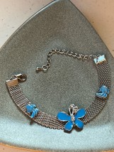 Silvertone Mesh w Blue Enamel Butterfly &amp; Fish Medallions Overlaid Bracelet – - £10.46 GBP