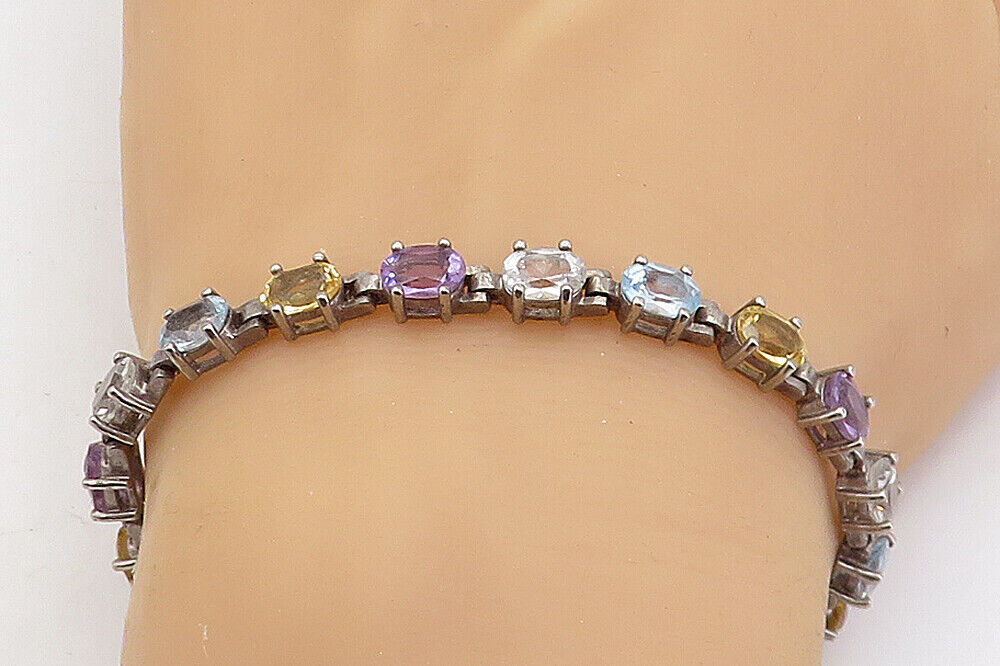Primary image for 925 Silver - Vintage Topaz Citrine Amethyst & Aquamarine Chain Bracelet - BT3304