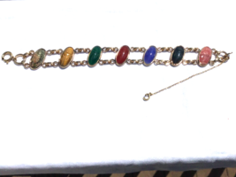 Gold Filled Scarab Bracelet Unusual Diagonal Set Genuine Stone Double li... - $1,610.73 MXN