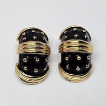 Vintage Signed MORESCO Gold Tone &amp; Black Enamel Clip On Earrings Statement - £15.69 GBP