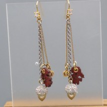 Autumn Dangle Drop Earrings with Leather Leaf, Pave Acorn, and Crown Charms - £37.11 GBP