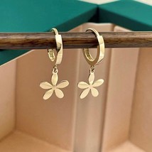 9K/14K Solid Gold Dainty Dangle Flower Small Huggie Hoop Earrings Women Girls - £90.22 GBP+