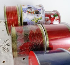 Mixed Lot Set of 6 Wired Ribbon Christmas Winter Poinsettia Snowman Santa - £20.57 GBP