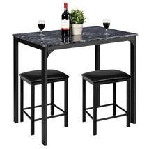 3 Piece Counter Height Dining Set Faux Marble Table 2 Chairs Kitchen Bar Black - £147.04 GBP